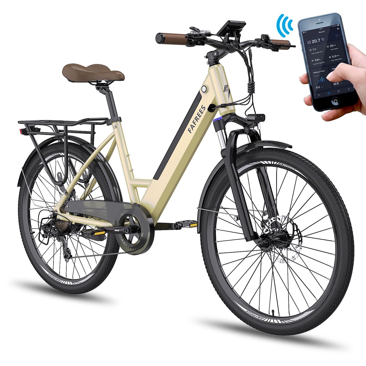 Beige Elektrofahrrad mit Smartphone-Verbindung. Marke FAFREES. Schwarzer Rahmen, Gepäckträger, brauner Sattel.