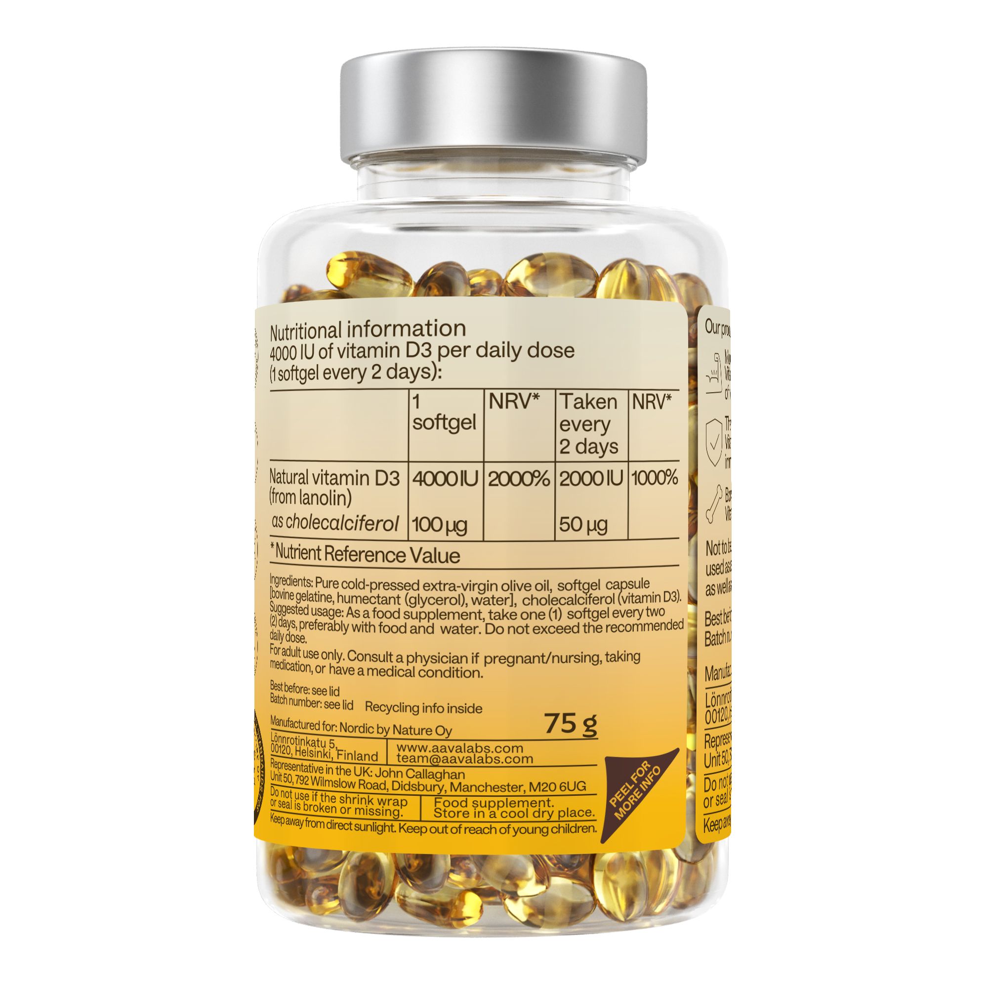 Rückseite der Flasche mit Nährwertangaben. Informationen zu Vitamin D3-Dosierung und Inhaltsstoffen.