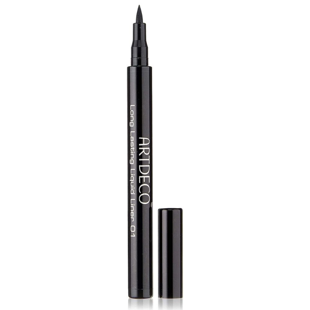 Schwarzer Eyeliner mit abgenommenem Deckel. Aufschrift: ARTDECO, Long Lasting Liquid Liner Intense 01.
