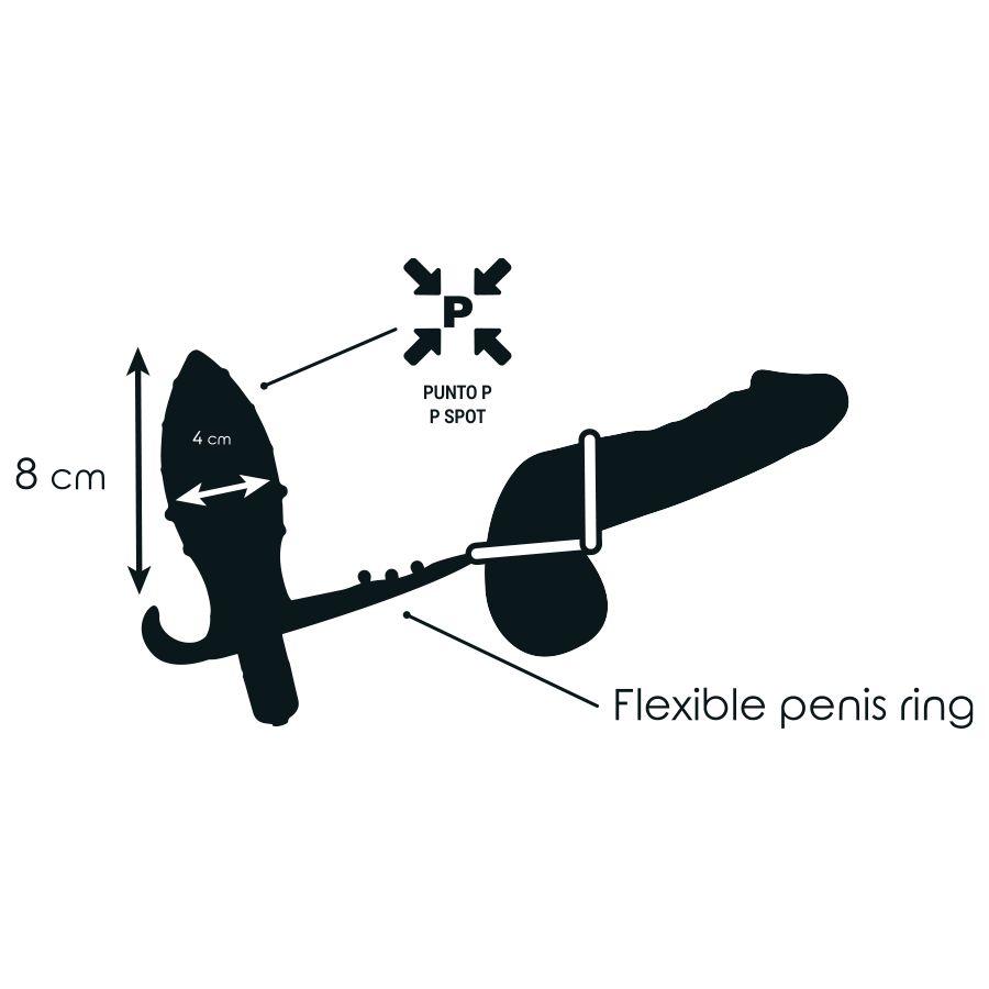 Schwarz-weiße Illustration eines Analplugs mit doppeltem Penisring. Maße: 8 cm lang, 4 cm breit.