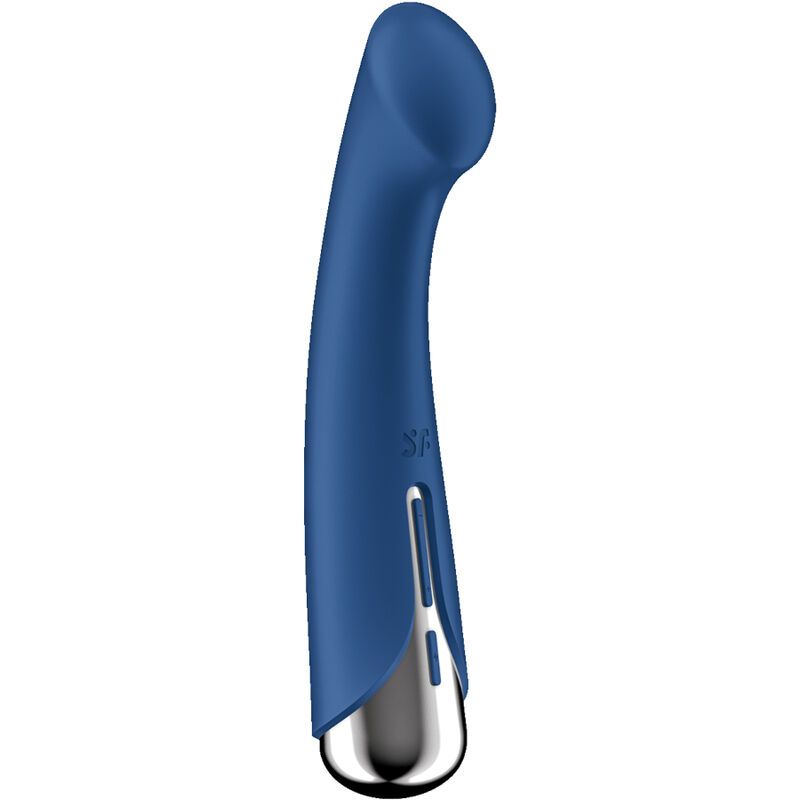 Blauer Vibrator mit silberfarbenem Ende. Gebogene Form mit abgerundeter Spitze. SF-Logo sichtbar.