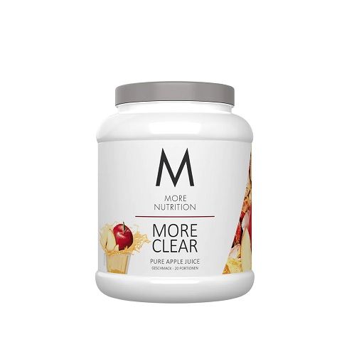 Weißer Behälter mit grauem Deckel. Aufschrift "More Nutrition More Clear". Abbildung von Apfel und Fruchtstücken. Text: Pure Apple Juice.