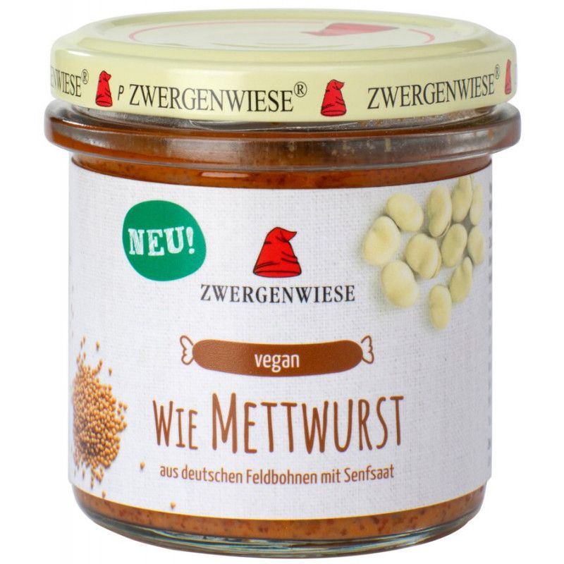 Glas mit Zwergenwiese Wie Mettwurst. Aufschrift: vegan, Neu! und Zwergenwiese. Mit Senfsaat und Feldbohnen.