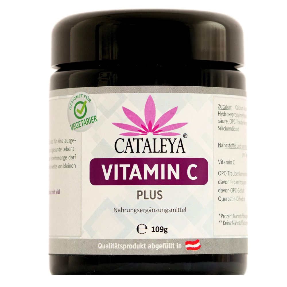 Schwarze Dose mit CATALEYA Vitamin C PLUS. Aufschrift: Vitamin C, 109g, vegetarisch. Rosa Logo.