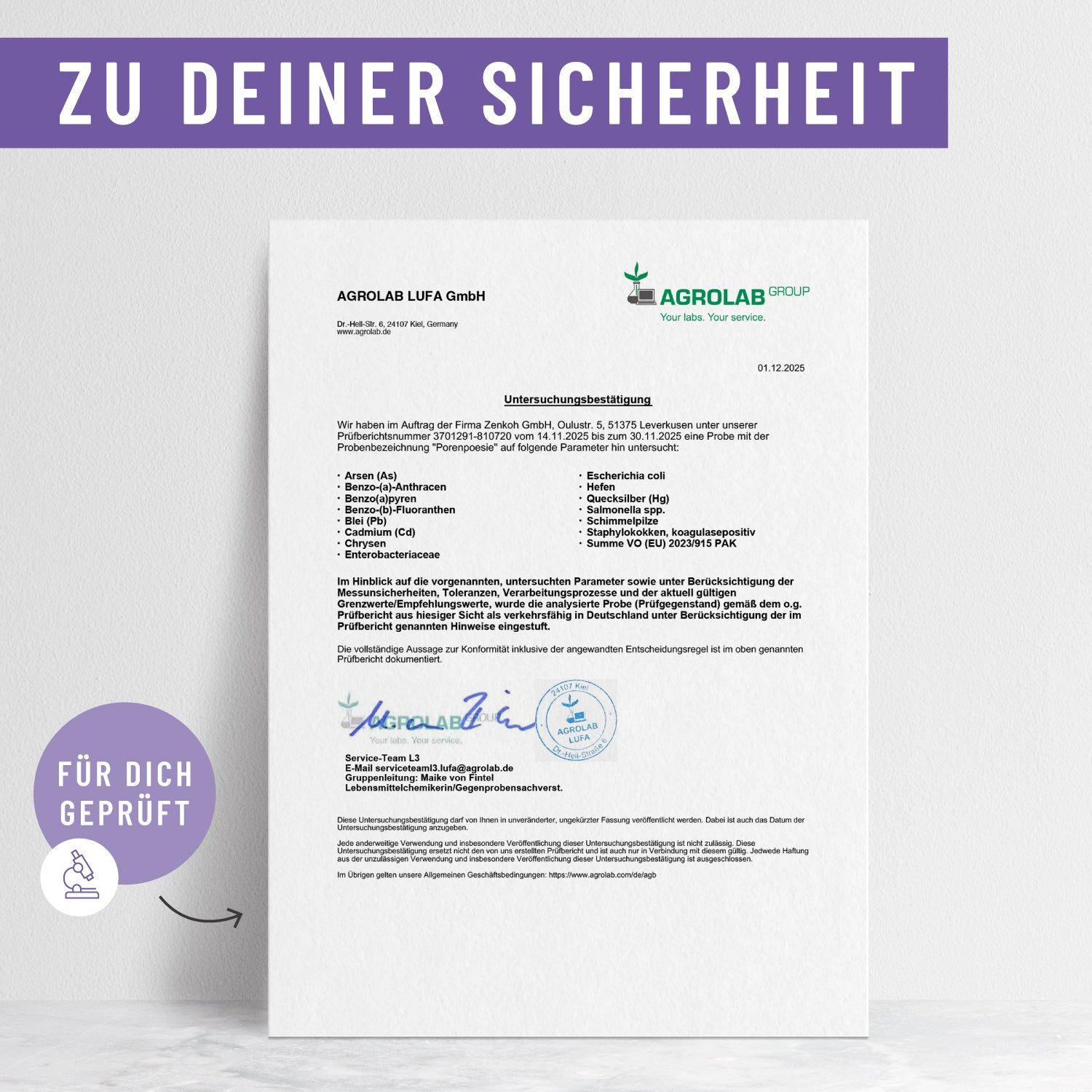 AGROLAB LUFA GmbH-Zertifikat. Text: Untersuchungsergebnis. Unterschrift. Logo: Für dich geprüft.