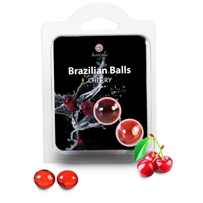 Verpackung mit zwei roten Kugeln, Kirschen und Spritzwasser-Design. Produktname: Brazilian Balls Cherry.