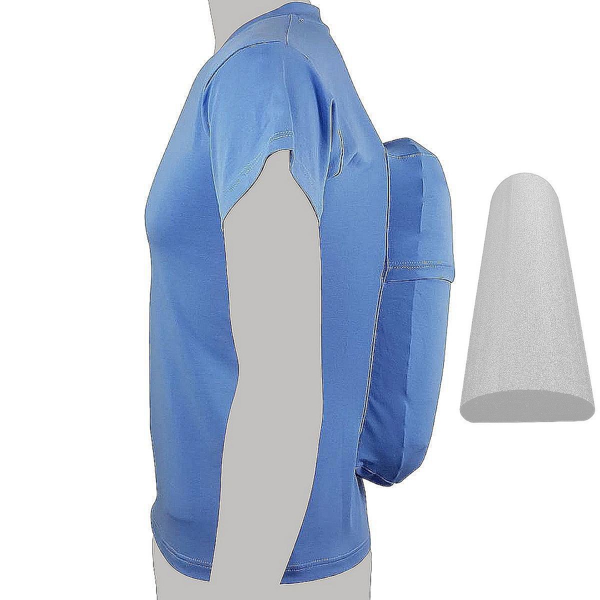 Blaues Shirt mit Schaumstoffpolster. Konische Form. Seitliche Ansicht. Ärmel mit Aussparungen.
