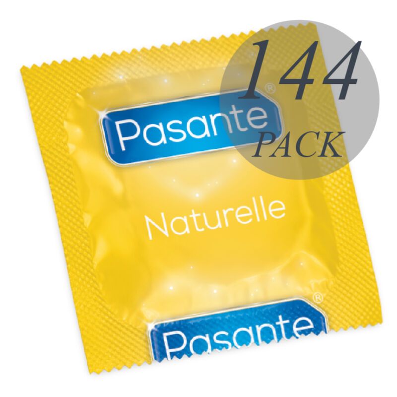 Gelbe Einzelverpackung mit Produktnamen Pasante Naturelle. Aufdruck '144 PACK'.