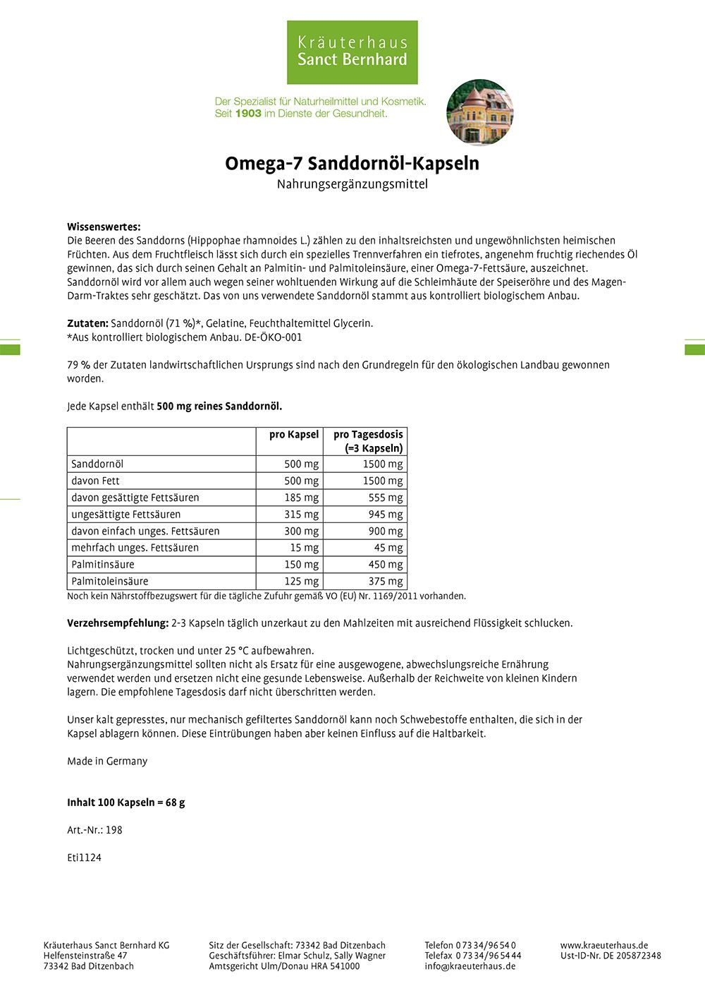 Weißes Blatt mit Text. Überschrift: Omega-7 Sanddornöl-Kapseln. Tabellarische Auflistung von Inhaltsstoffen und Nährwerten.