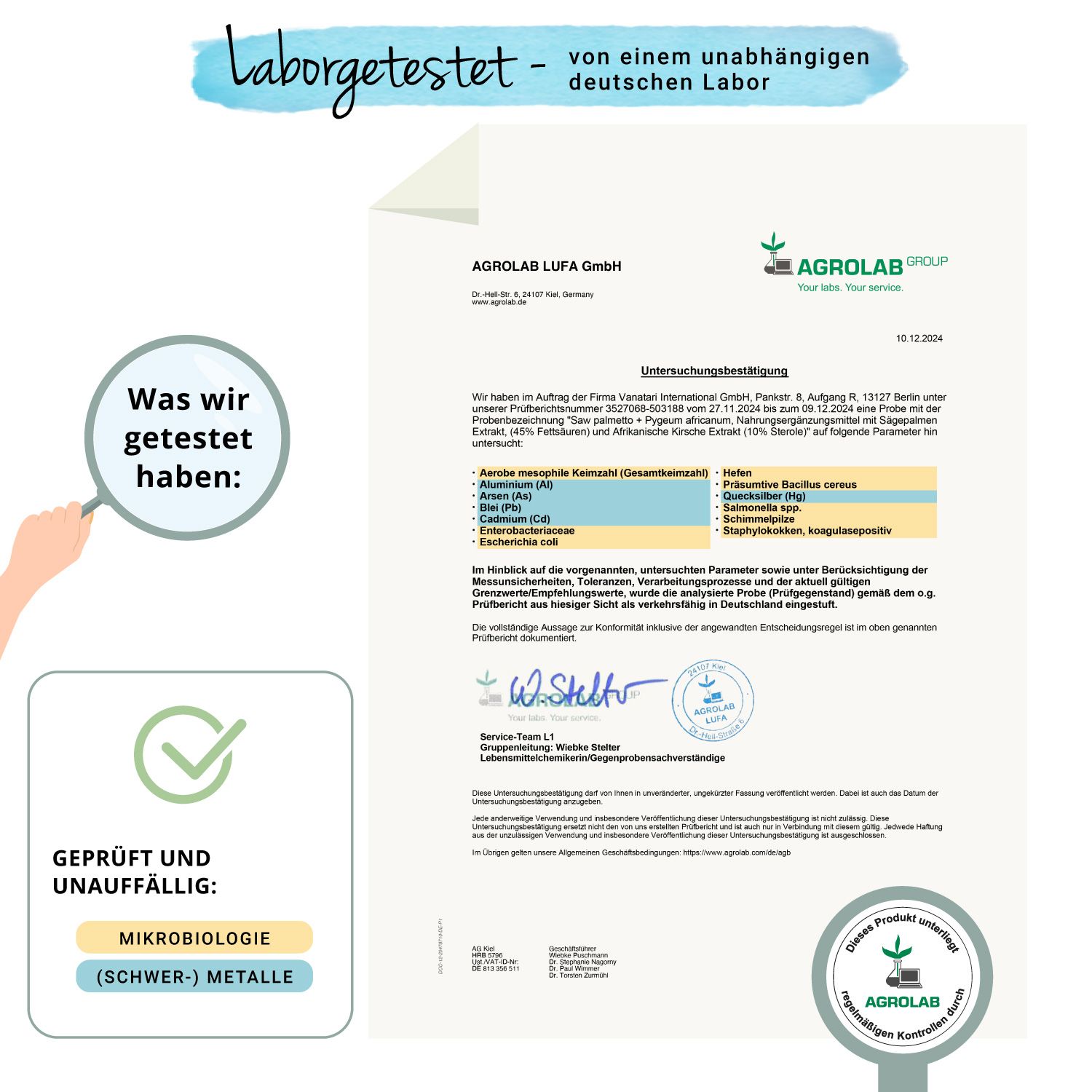 Zertifikat von Agrolab LUFA GmbH. Geprüft und unauffällig: Mikrobiologie (Schwermetalle). Produkt unter regelmäßiger Kontrolle.