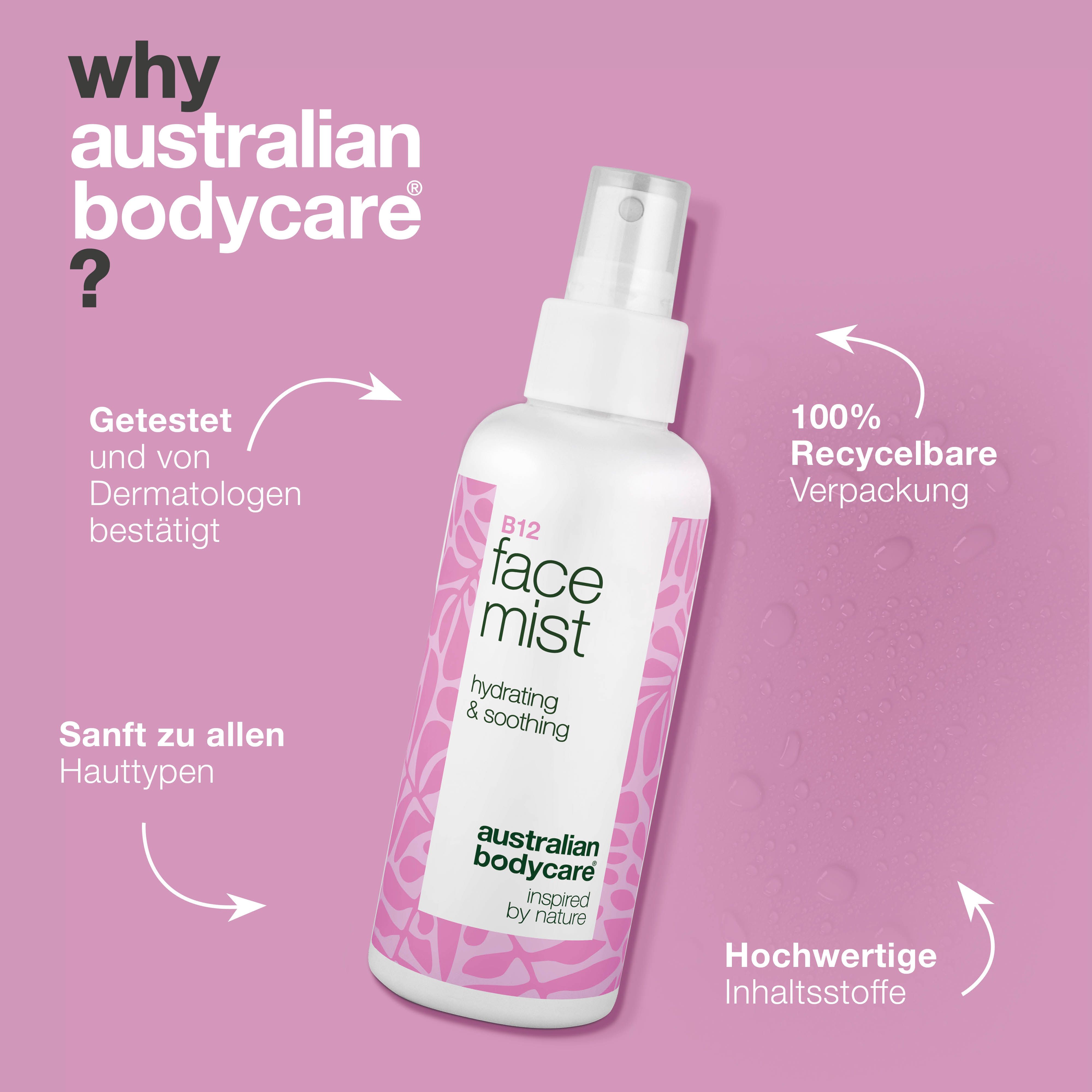 Gesichtsspray neben Text. Text: Getestet, dermatologisch geprüft, für alle Hauttypen. Marke: Australian Bodycare. B12 face mist.