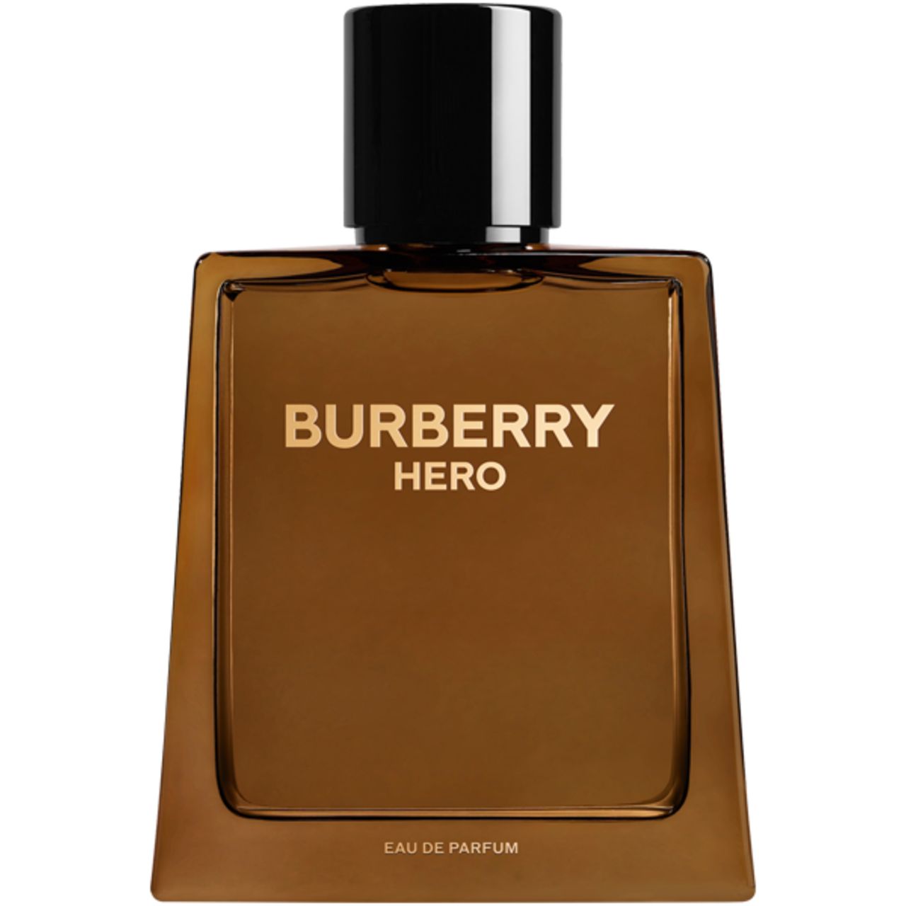 Burberry Hero E.d.P. Nat. Spray. Eckiger Flakon, braun, schwarzer Deckel. Goldener Schriftzug. Eau de Parfum.