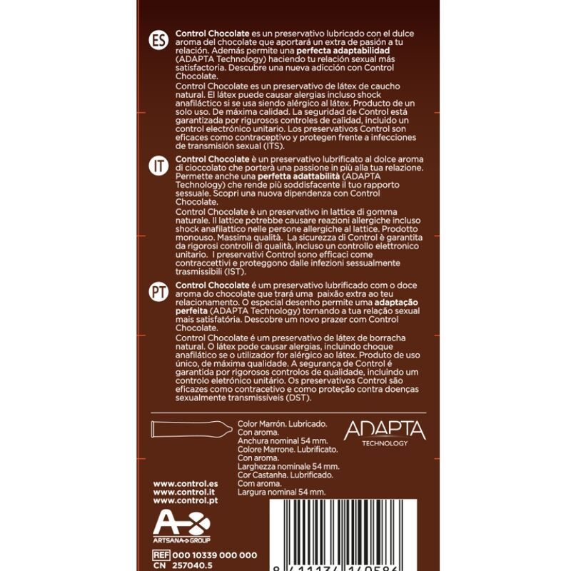 Rückseite der Control Chocolate Verpackung. Text in mehreren Sprachen. Enthält Informationen zu Inhaltsstoffen und Zertifizierungen.