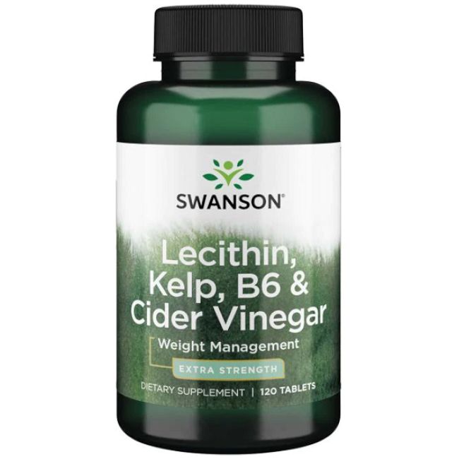 Grüne Flasche mit SWANSON-Nahrungsergänzungsmittel. Aufschrift: Lecithin, Kelp, B6 & Apfelessig. 120 Tabletten. Extra Stärke.