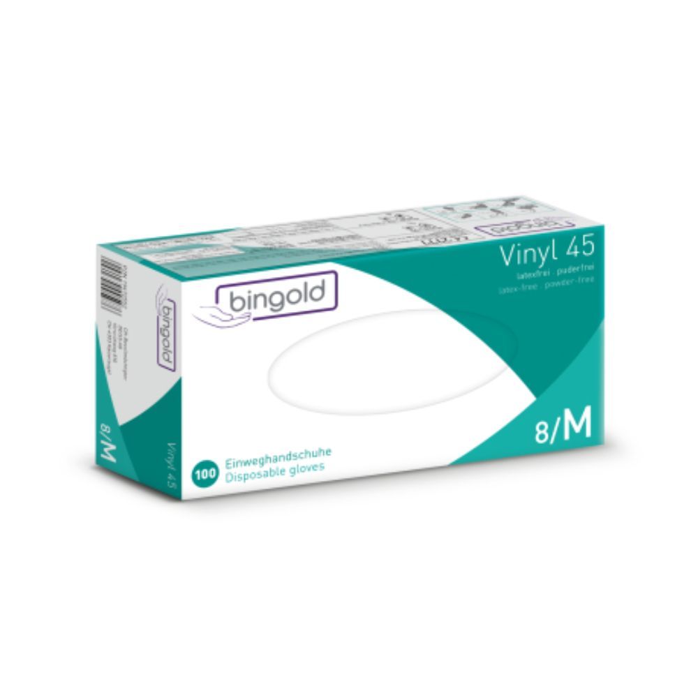 Bingold Vinyl 45 Einweghandschuhe. Weiße Box mit grünem Akzent. Aufdruck: 8/M, 100 Stück. Marke: bingold.