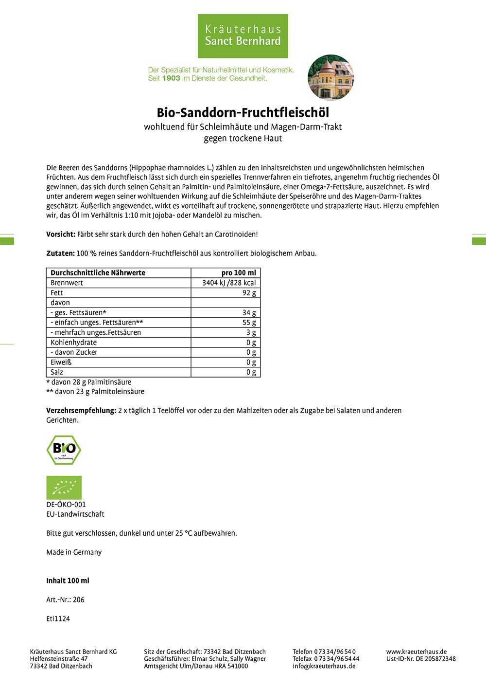 Weißes Papier mit Text und Nährwerttabelle. Bio-Siegel und Herstellerinformationen.