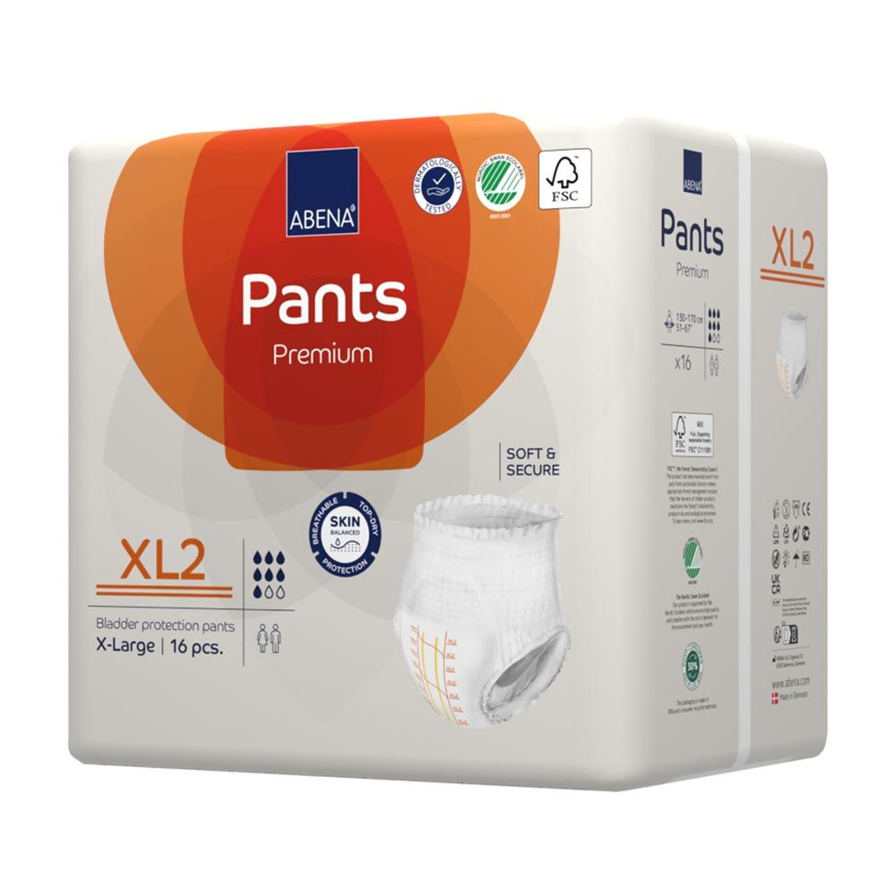 Abena Pants Premium XL2 Packung. Orange-weiße Verpackung. Enthält 16 Stück. FSC-Zertifizierung. Produktinformationen.