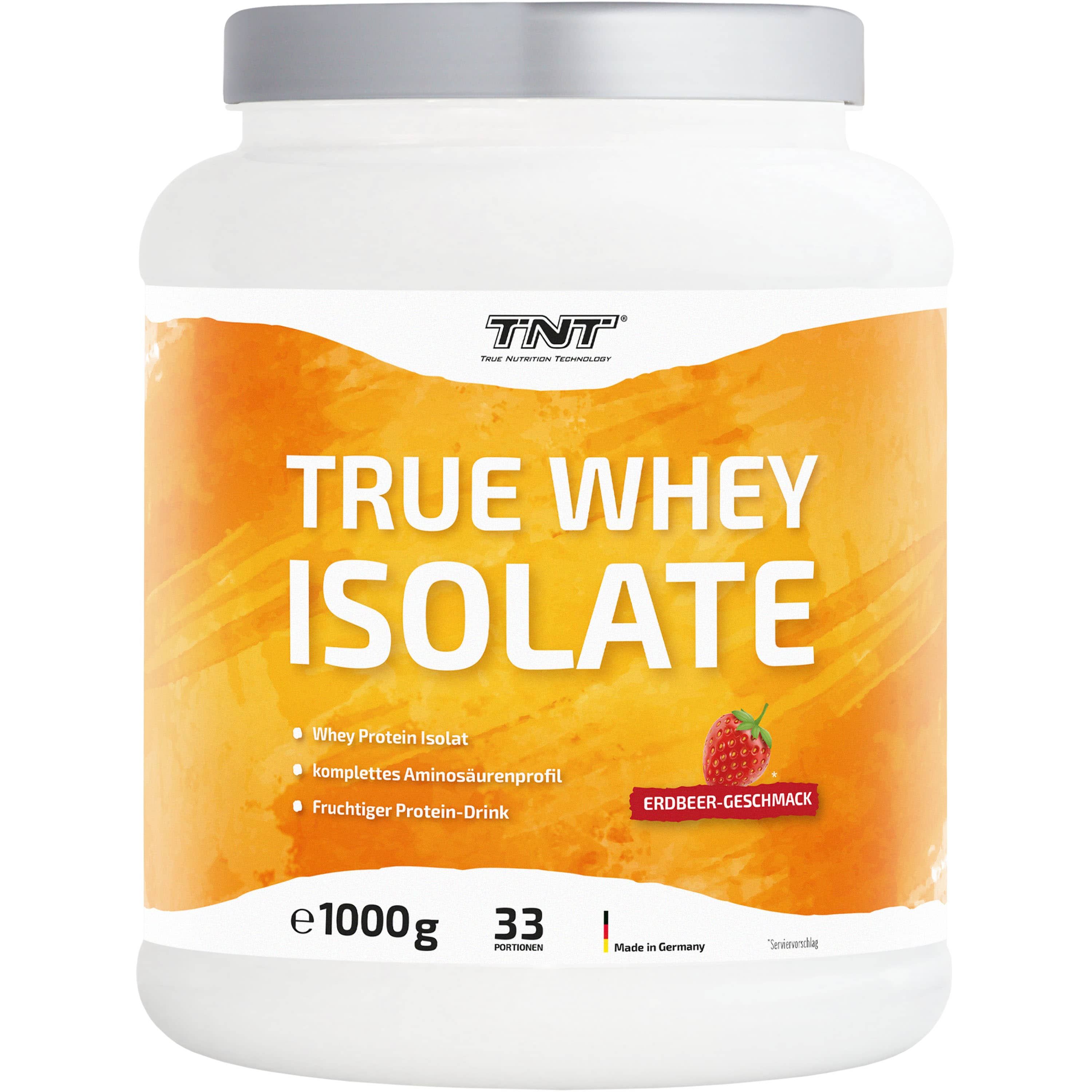Weißer TNT True Whey Isolate-Behälter mit Erdbeer-Geschmack. Aufdruck: Whey Protein Isolat, Aminosäurenprofil, Protein-Drink.