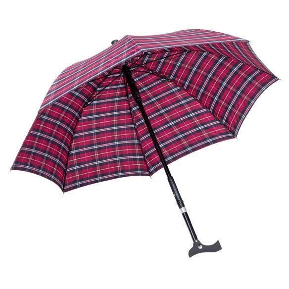 Rot-schwarz karierter Regenschirm mit Gehstockgriff. Schwarzer Schaft, geöffnet.