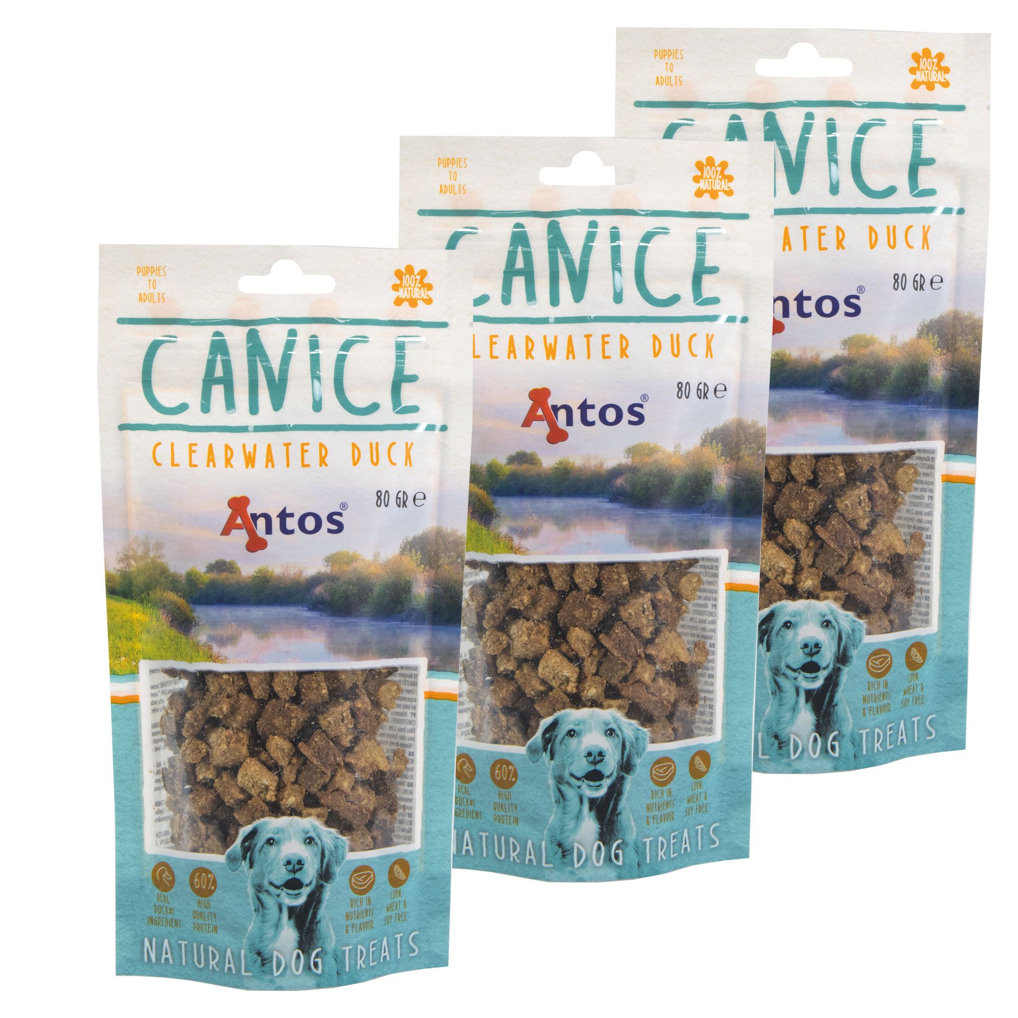 Drei Beutel Hundesnack, Marke CANICE, Sorte Clearwater Duck, mit sichtbaren Würfeln. Aufdruck: Antos, 80g, Hund.