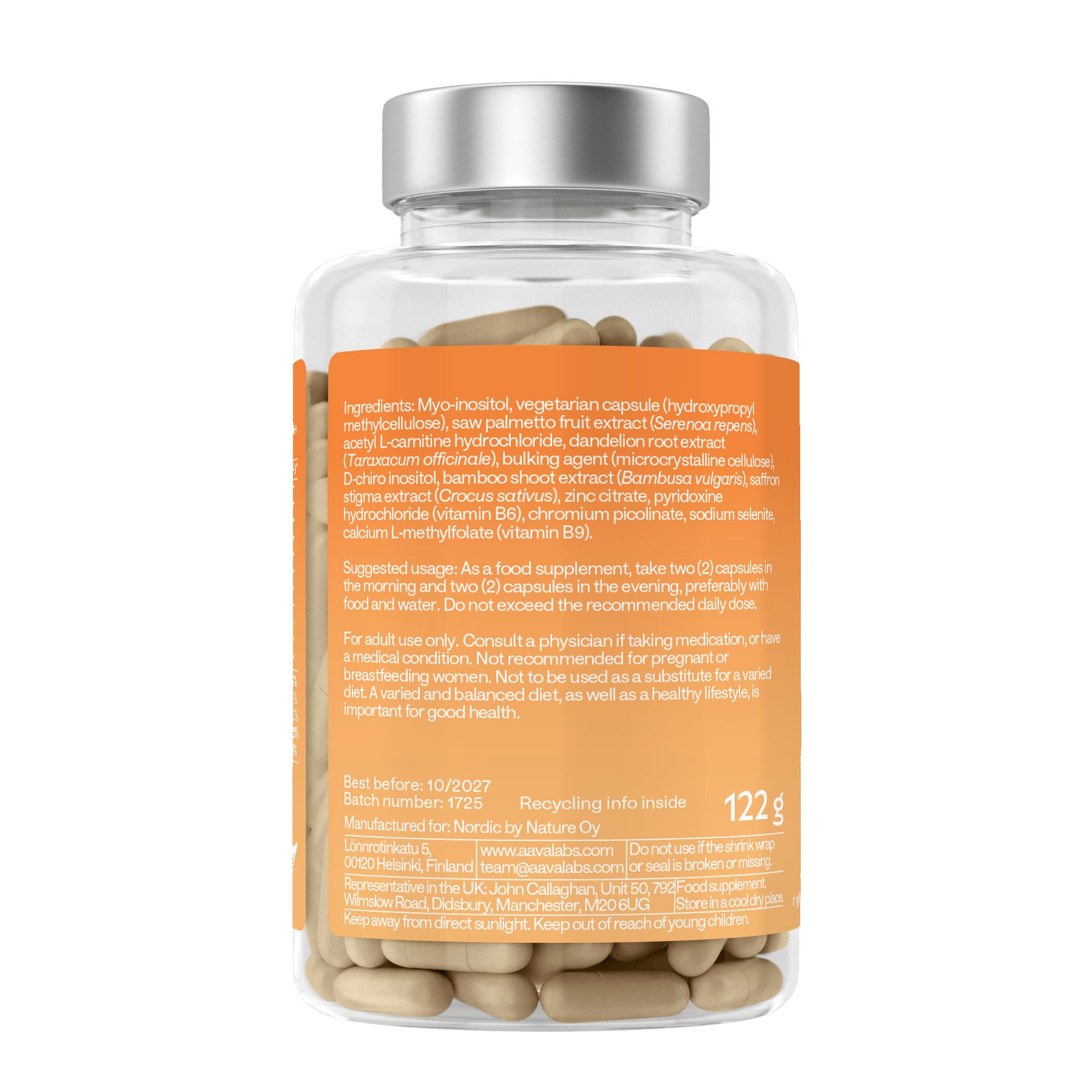 Rückseite der Flasche mit Inhaltsstoffen und Anwendungshinweisen. Gewicht: 122 g. Hergestellt von Nordic by Nature.