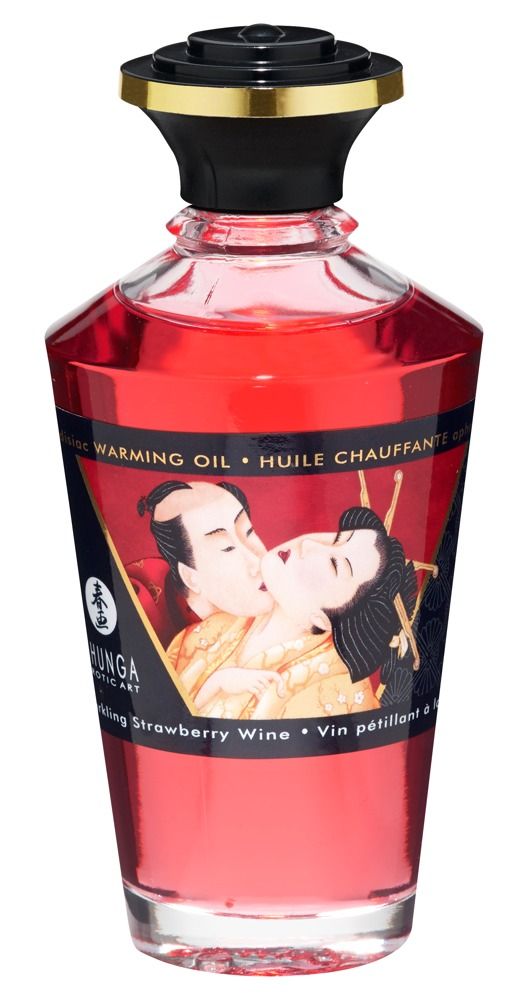 Rote Glasflasche. Aufdruck: Shunga, Warming Oil, Erdbeer-Aroma. Abbildung: küssendes Paar. Schwarzer Deckel mit Goldrand.