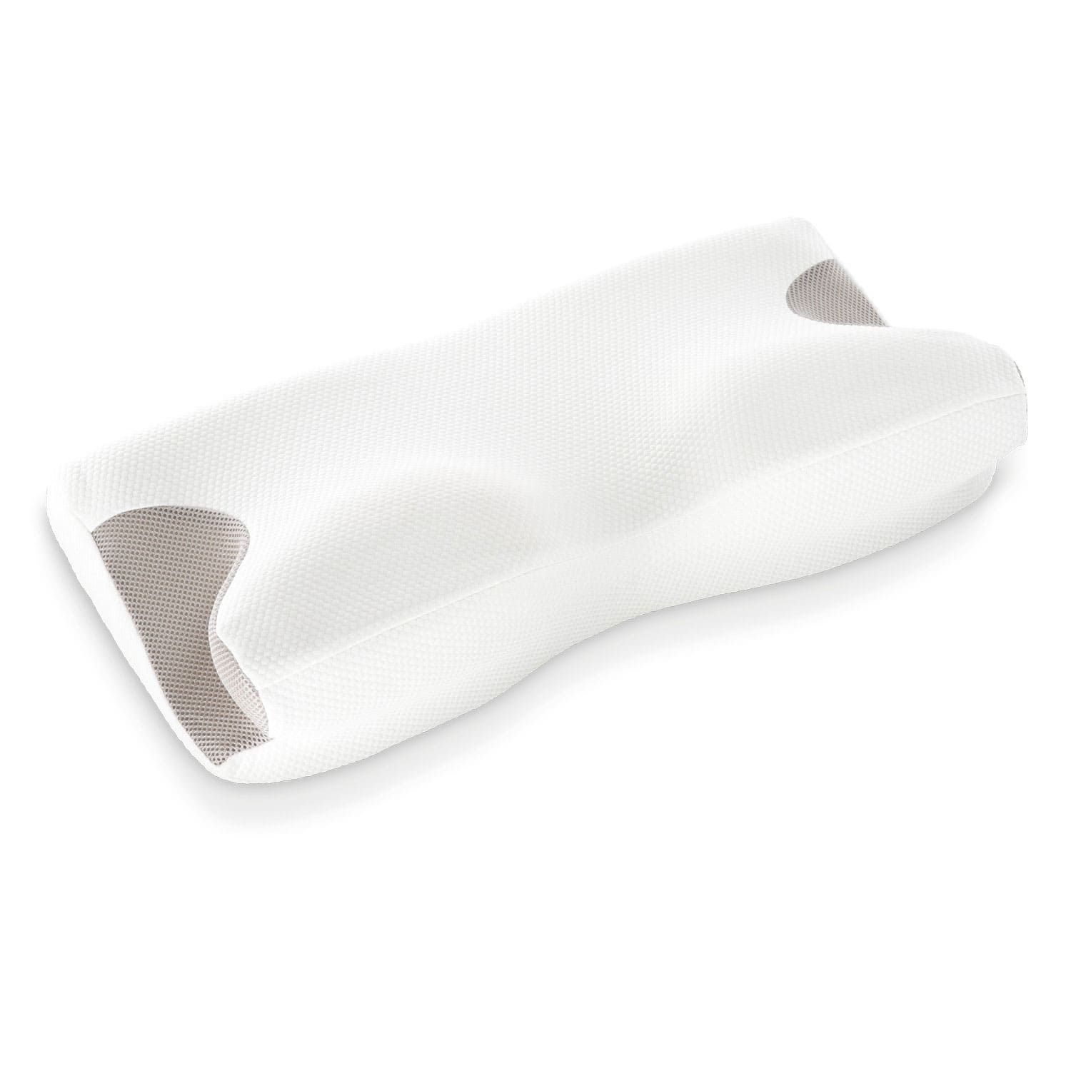 Weißes Nackenstützkissen mit Armzonen und Schulteraussparung. Ergonomische Form.