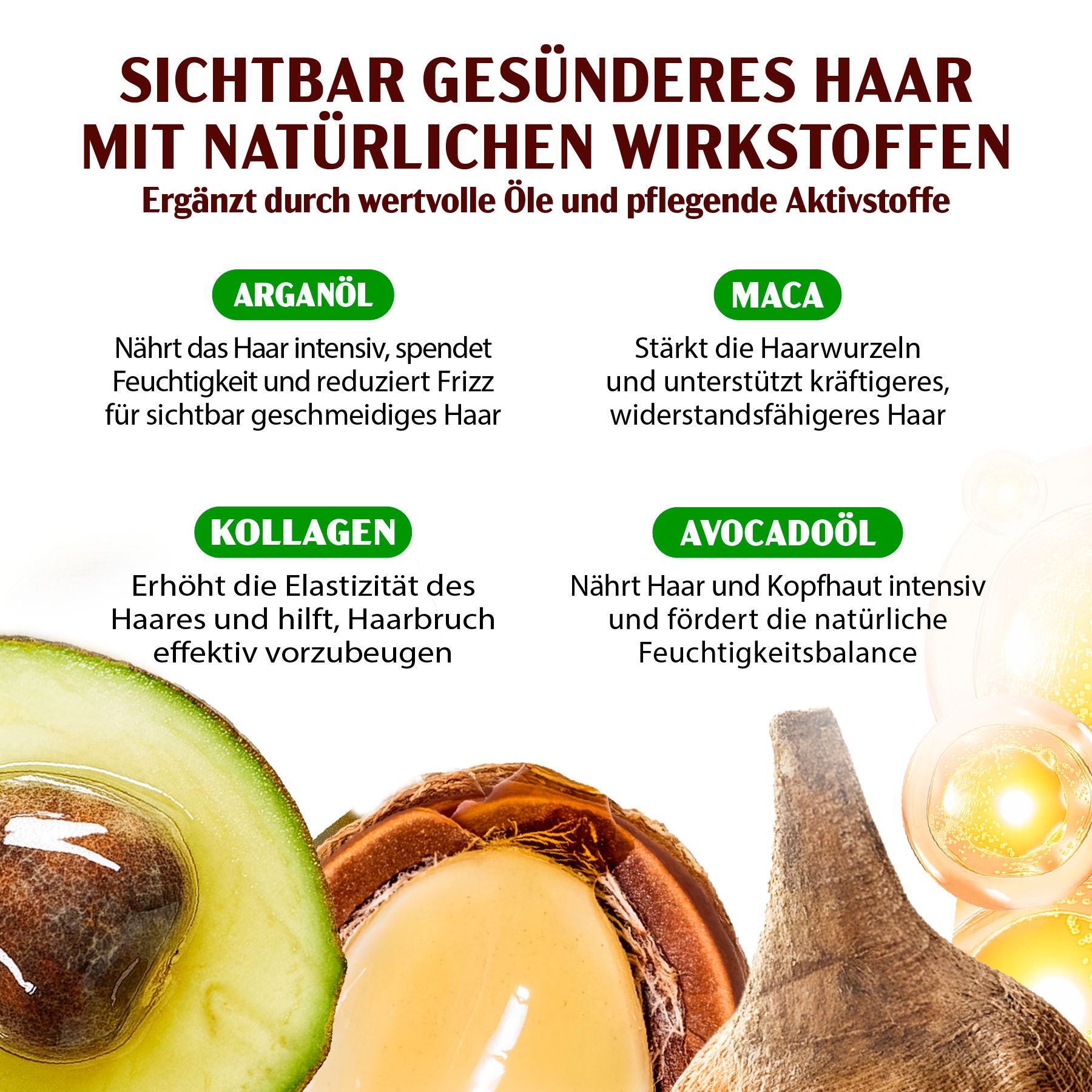 Illustrationen von Inhaltsstoffen: Avocado, Arganöl, Maca und Kollagen. Text über die Vorteile der Inhaltsstoffe für das Haar.