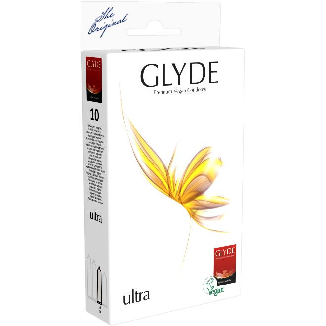 Weiße Verpackung mit Produktnamen GLYDE und "Premium Vegan Condoms". Zeigt eine gelbe Blume. 10 Stück.