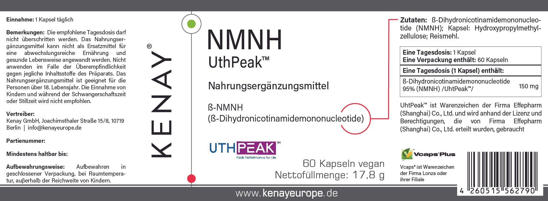 Etikett mit Text: NMNH UthPeak, Nahrungsergänzungsmittel, 60 Kapseln vegan. Inhaltsstoffe und Herstellerinformationen. Marke: KENAY.