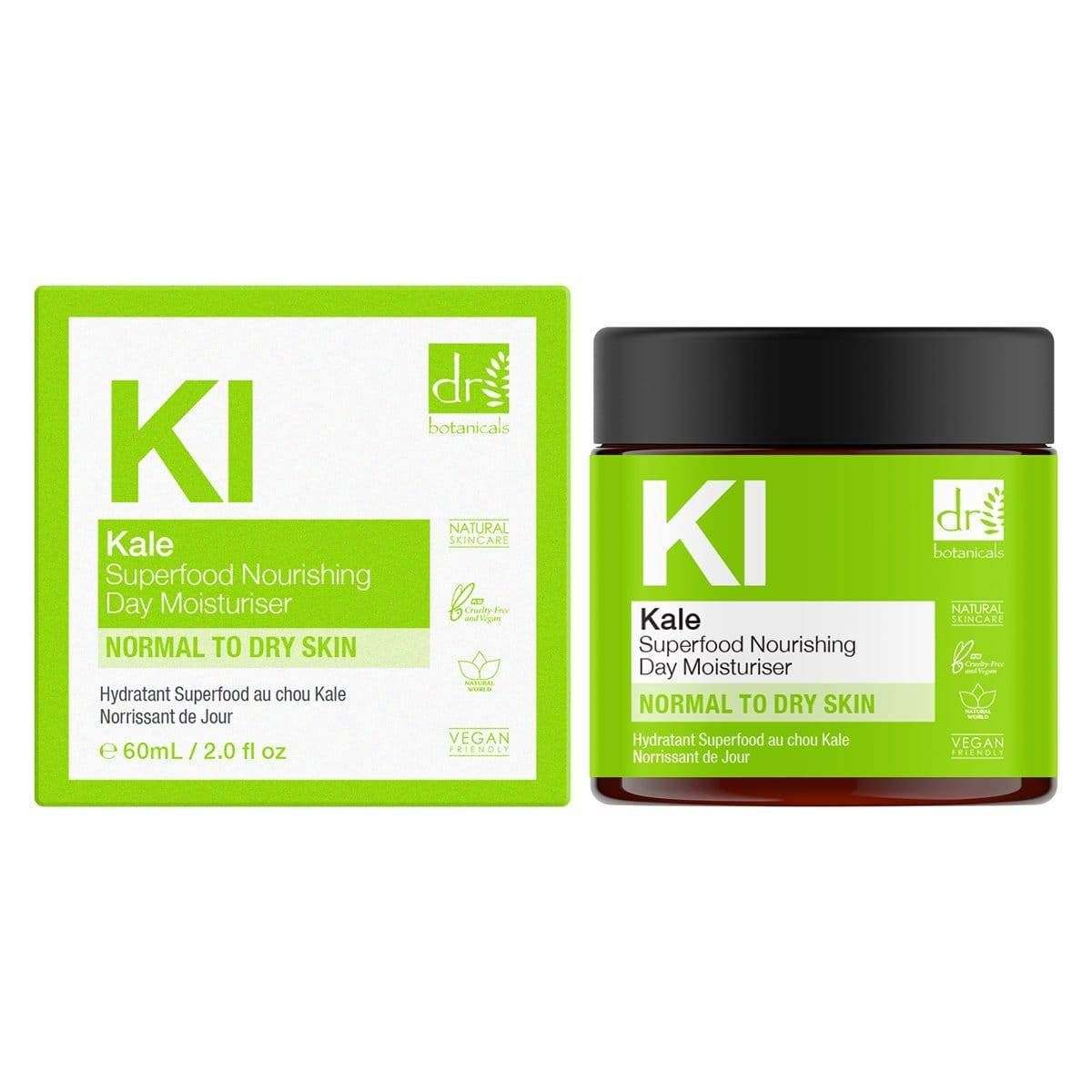 Grüner Tiegel und Schachtel mit Aufschrift "KI Kale Superfood Nourishing Day Moisturiser". Text: Normal to Dry Skin. Vegan.