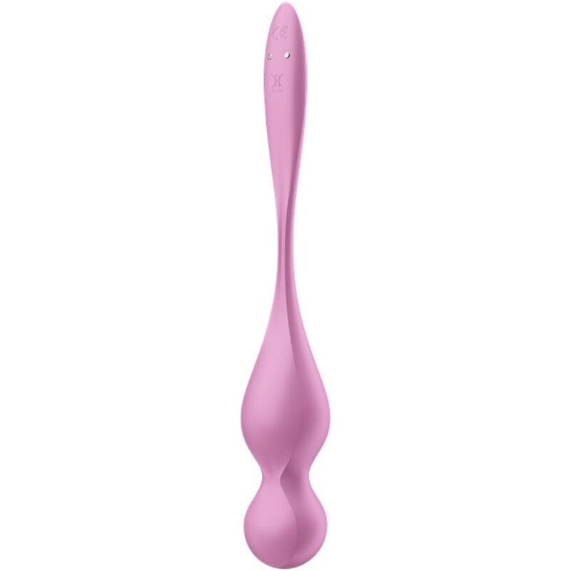 Rosa Vibrationskugel. Längliche Form mit zwei Kugeln. Oberseite mit zwei Knöpfen. Aus Silikon.