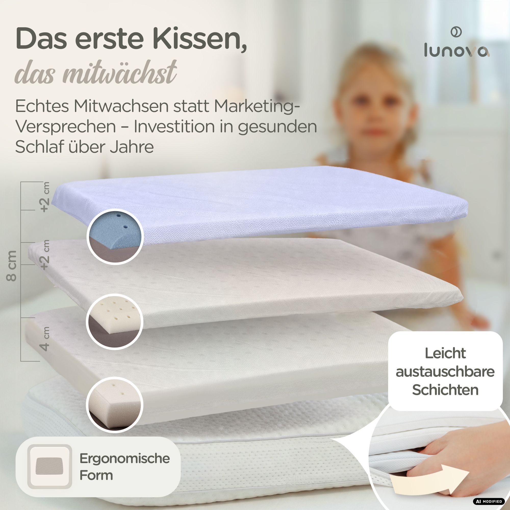 Aufbau des Lunova Kissens mit austauschbaren Schichten und ergonomischer Form.