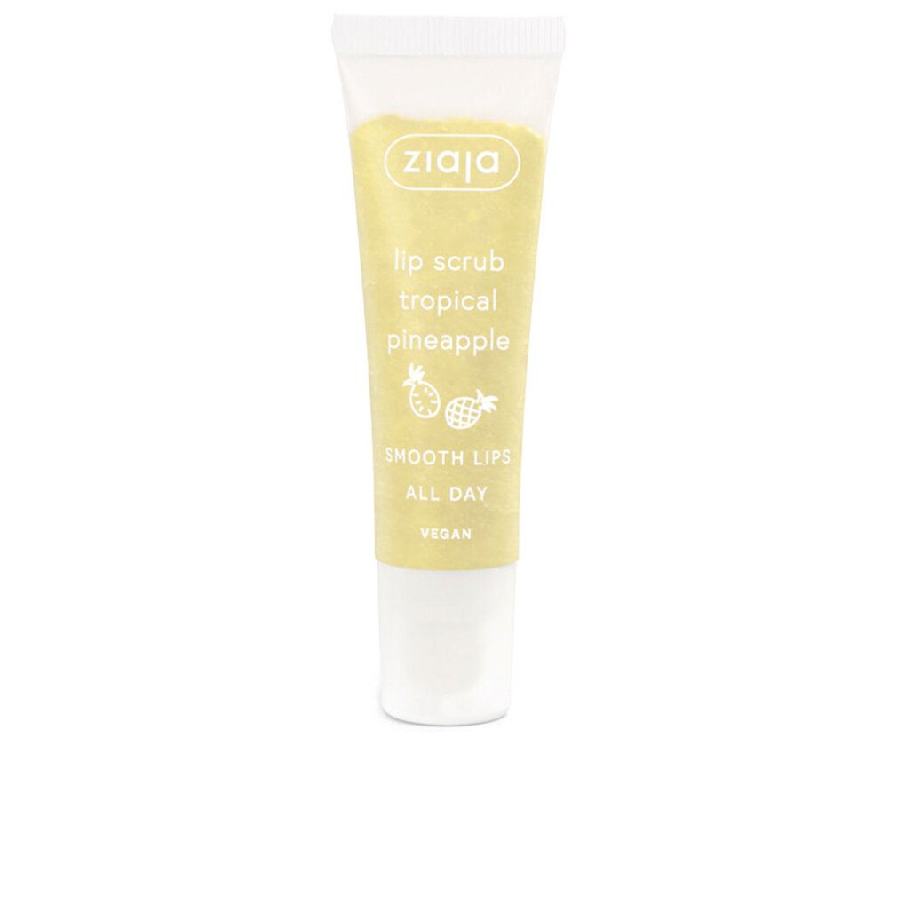 Ziaja Lippenpeeling Tropical Pineapple in einer Tube. Mit Ananas-Symbolen und Text.