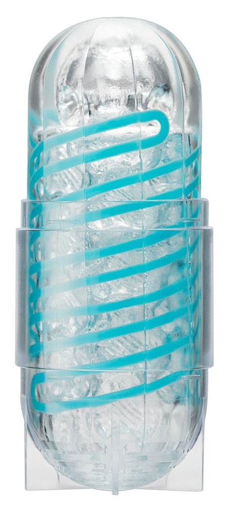 Transparentes, längliches Produkt mit blauem Spiralmuster. Enthält einen transparenten Ring.