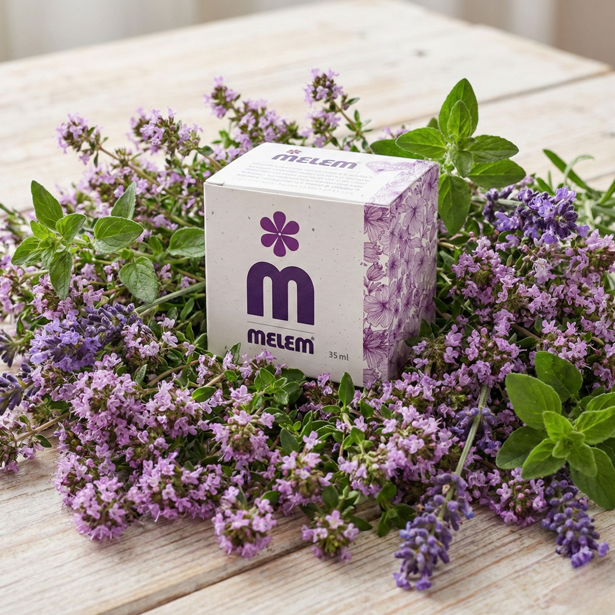 Verpackung mit lila Blumenmuster und Logo, umgeben von lila Blüten und Grün. Aufschrift: Melem, 35 ml.