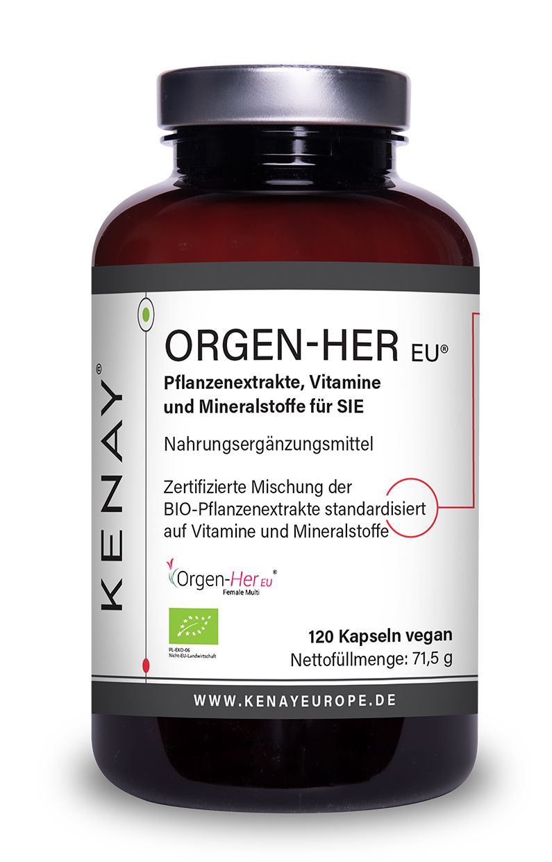 Braune Glasflasche mit weißem Etikett. Aufschrift: ORGEN-HER EU, Nahrungsergänzungsmittel, 120 Kapseln vegan. KENAY Logo.