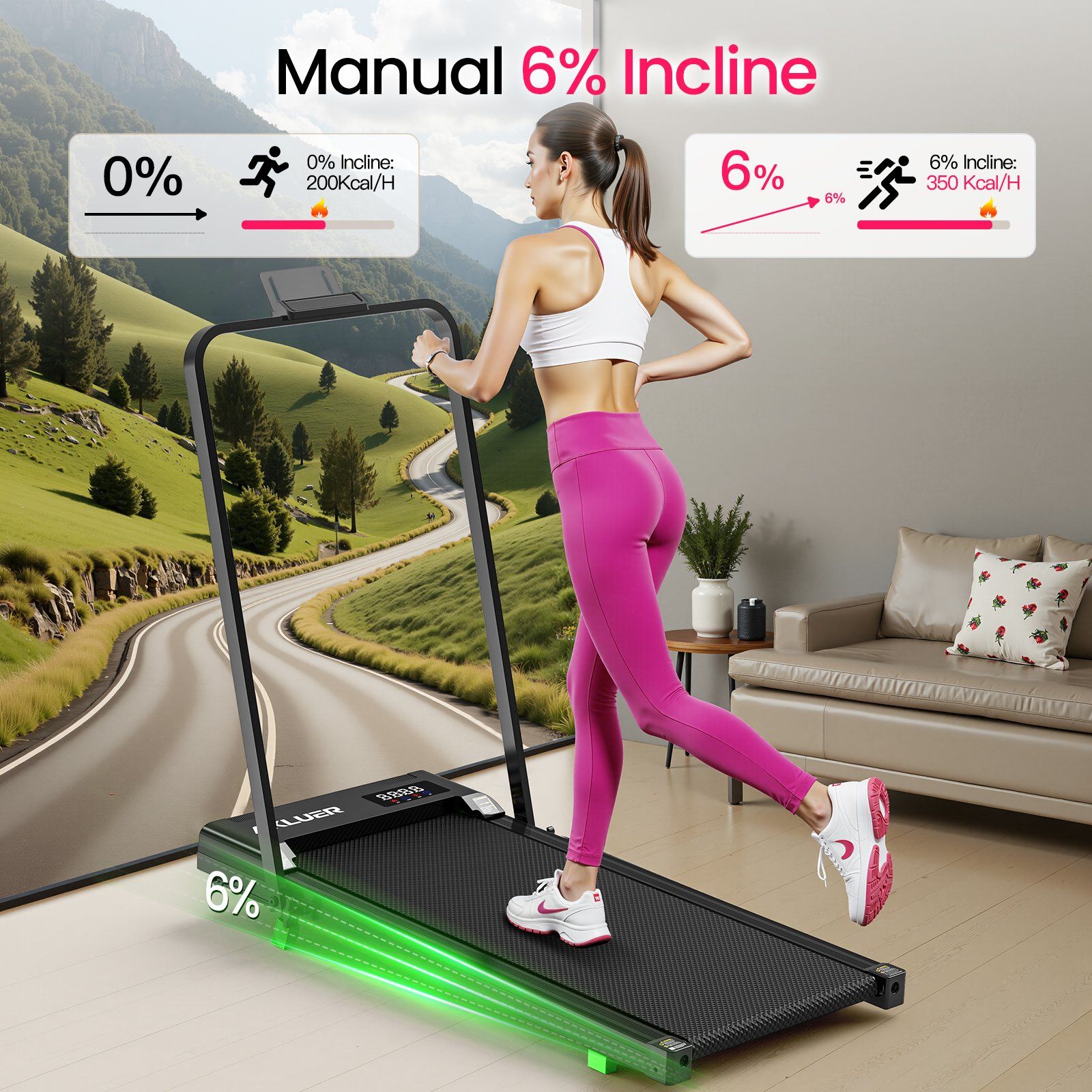 Laufband mit Frau, zeigt 6% manuelle Steigung für intensiveres Training.