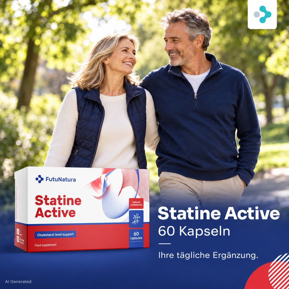 Verpackung von Statine Active mit 60 Kapseln, Cholesterin-Unterstützung. Ein Paar mittleren Alters im Freien.
