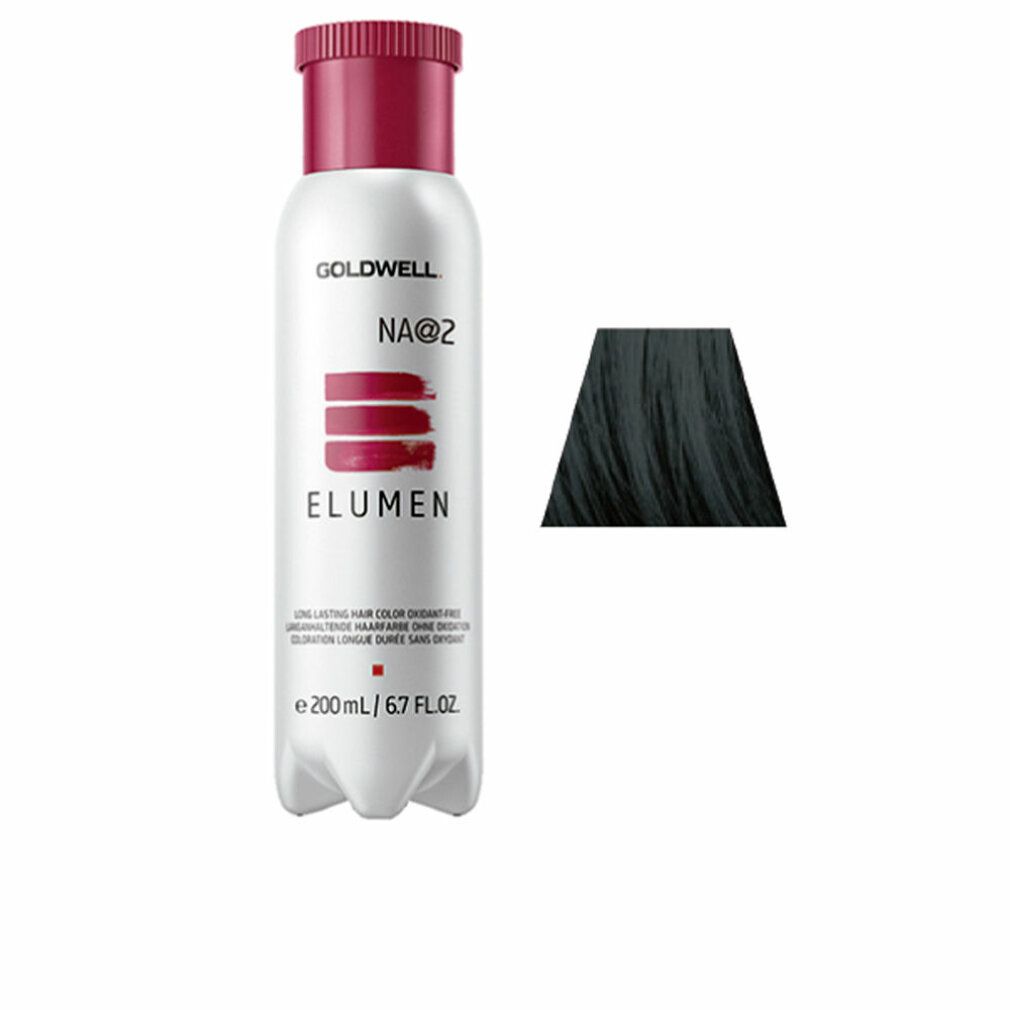 Flasche Goldwell Elumen na@2 mit Farbmuster. Weißes Etikett, roter Deckel. Text: Elumen, NA@2, 200 ml.