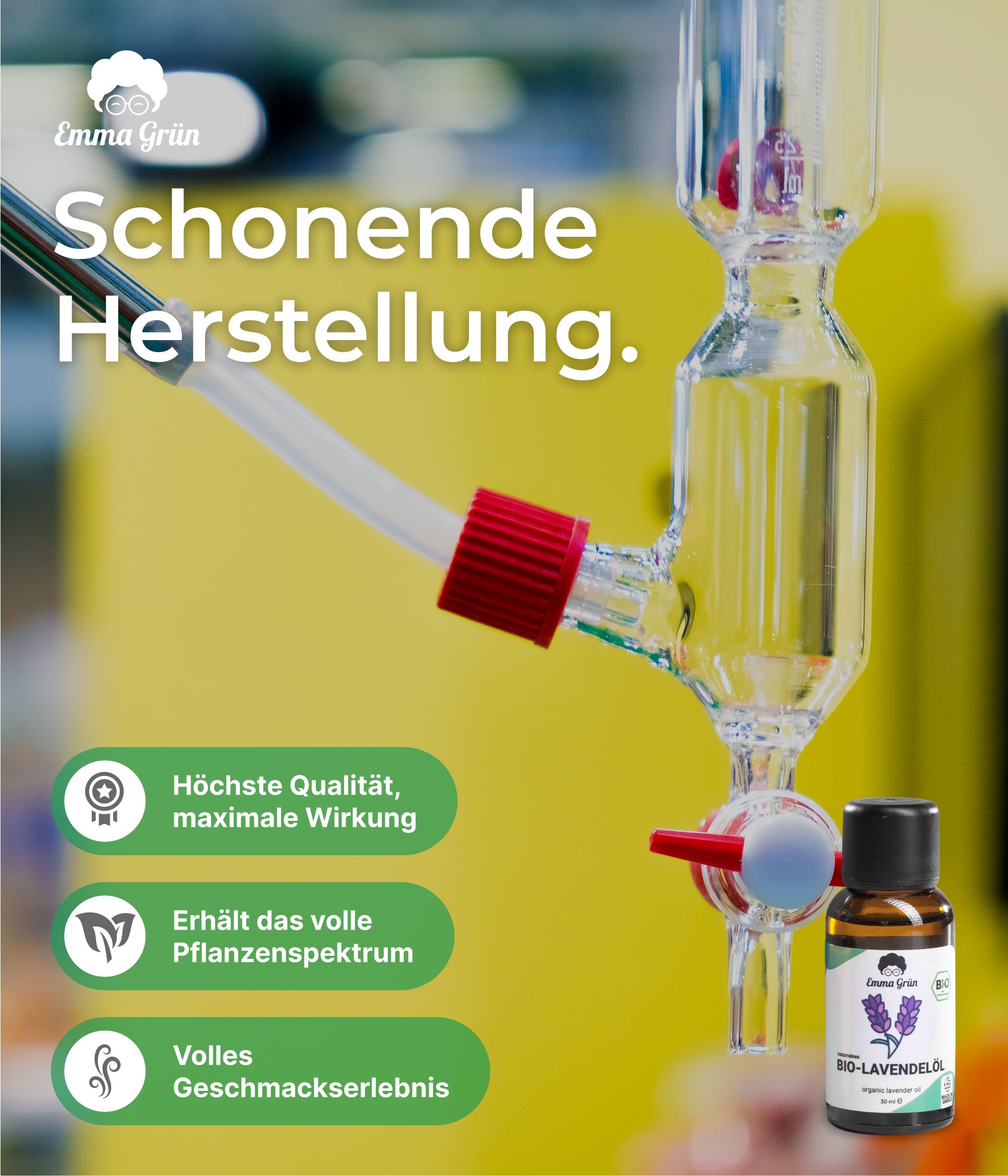 Glasgerät mit Flüssigkeit und Flasche. Text: Schonende Herstellung. Höchste Qualität, maximale Wirkung. Erhält das volle Pflanzenspektrum.