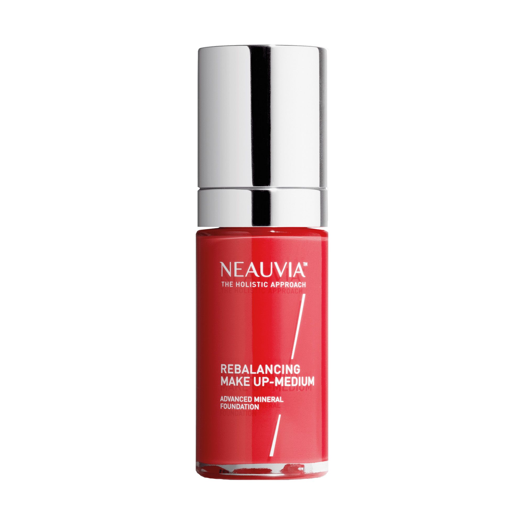 Rote Flasche mit silbernem Deckel. Aufschrift: Neauvia, Rebalancing Make Up-Medium, Advanced Mineral Foundation.