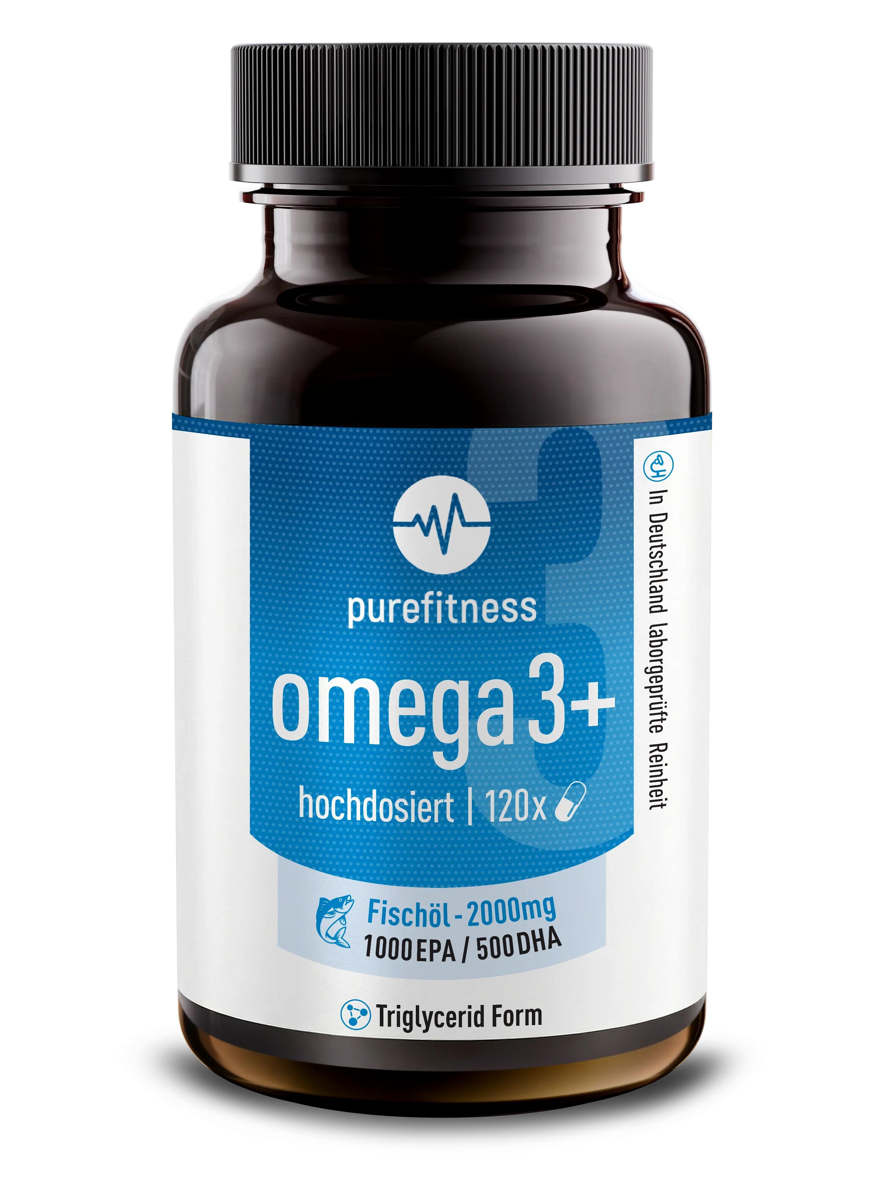 Braune Flasche mit Omega 3+ Kapseln. Aufschrift: purefitness, omega 3+, 120x, Fischöl 2000mg, 1000 EPA/500 DHA, Triglycerid Form.