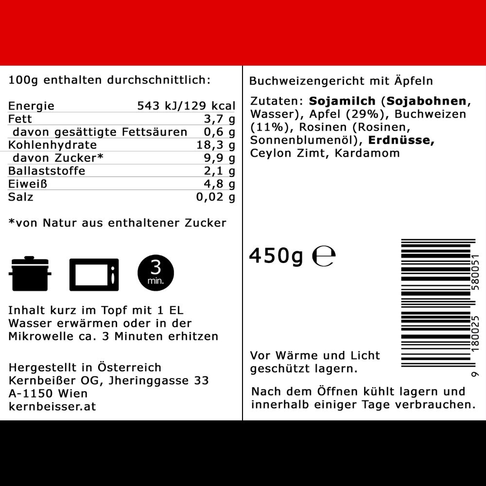 Nährwerttabelle und Zubereitungshinweise für Frühstück-Buchweizen mit Äpfeln. 450g, 129 kcal pro 100g.