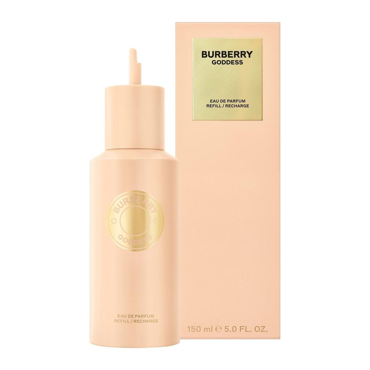 Beige Flakon und Verpackung. Aufschrift: Burberry Goddess, Eau de Parfum, Refill/Recharge. 150 ml.