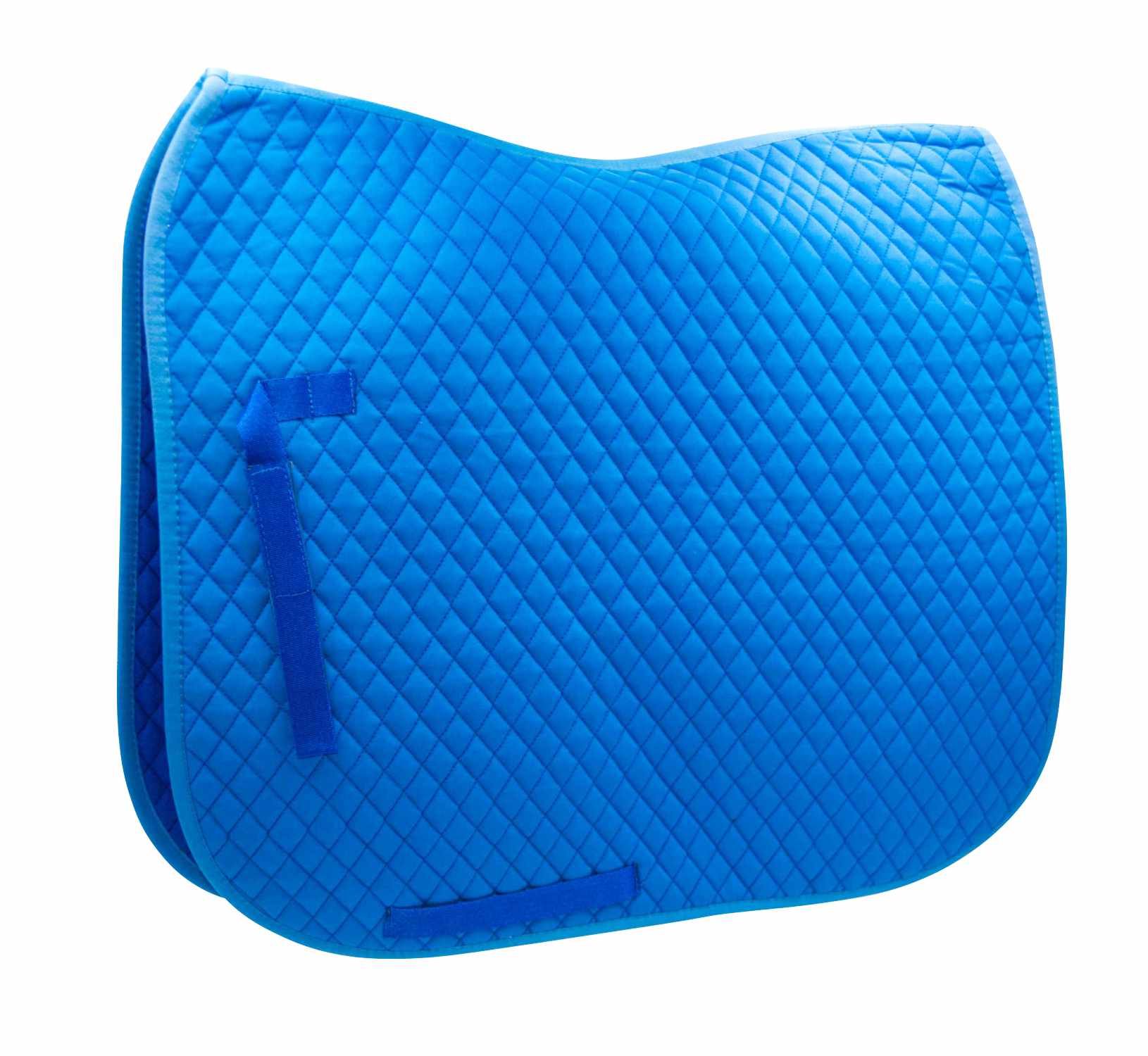 Blaue Sattelunterlage mit Steppung. Schlaufen und Klettverschluss. Quadratisches Muster. Rechteckige Form.