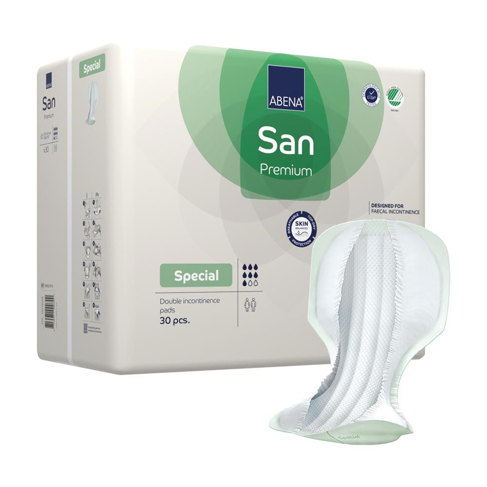 Verpackung mit Inkontinenzeinlagen. Aufschrift: Abena San Premium Special. 30 Stück. Einlage daneben. Mit Zertifizierungen und Piktogrammen.