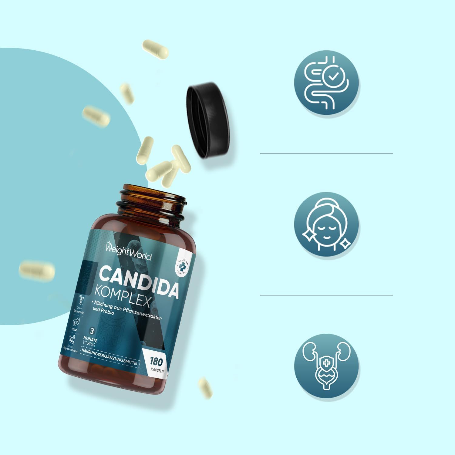 Geöffnete Flasche Candida Komplex mit Kapseln. 180 Kapseln. Symbole: Darmgesundheit, Haut, Nieren.