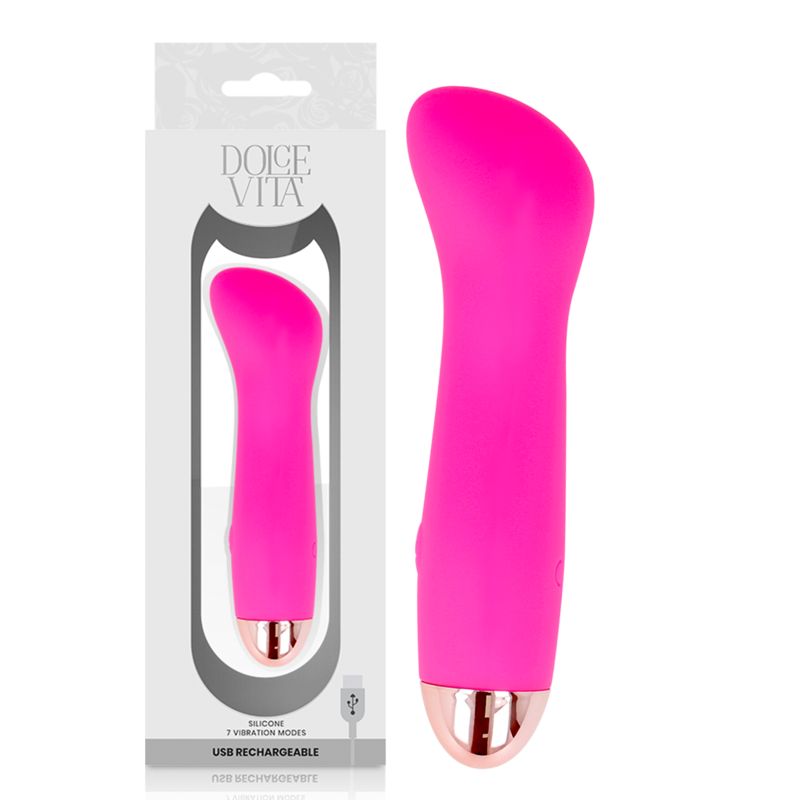Pinkfarbener Silikon-Vibrator mit goldfarbenem Abschluss, in Verpackung. Marke Dolce Vita. USB-Ladeanschluss.