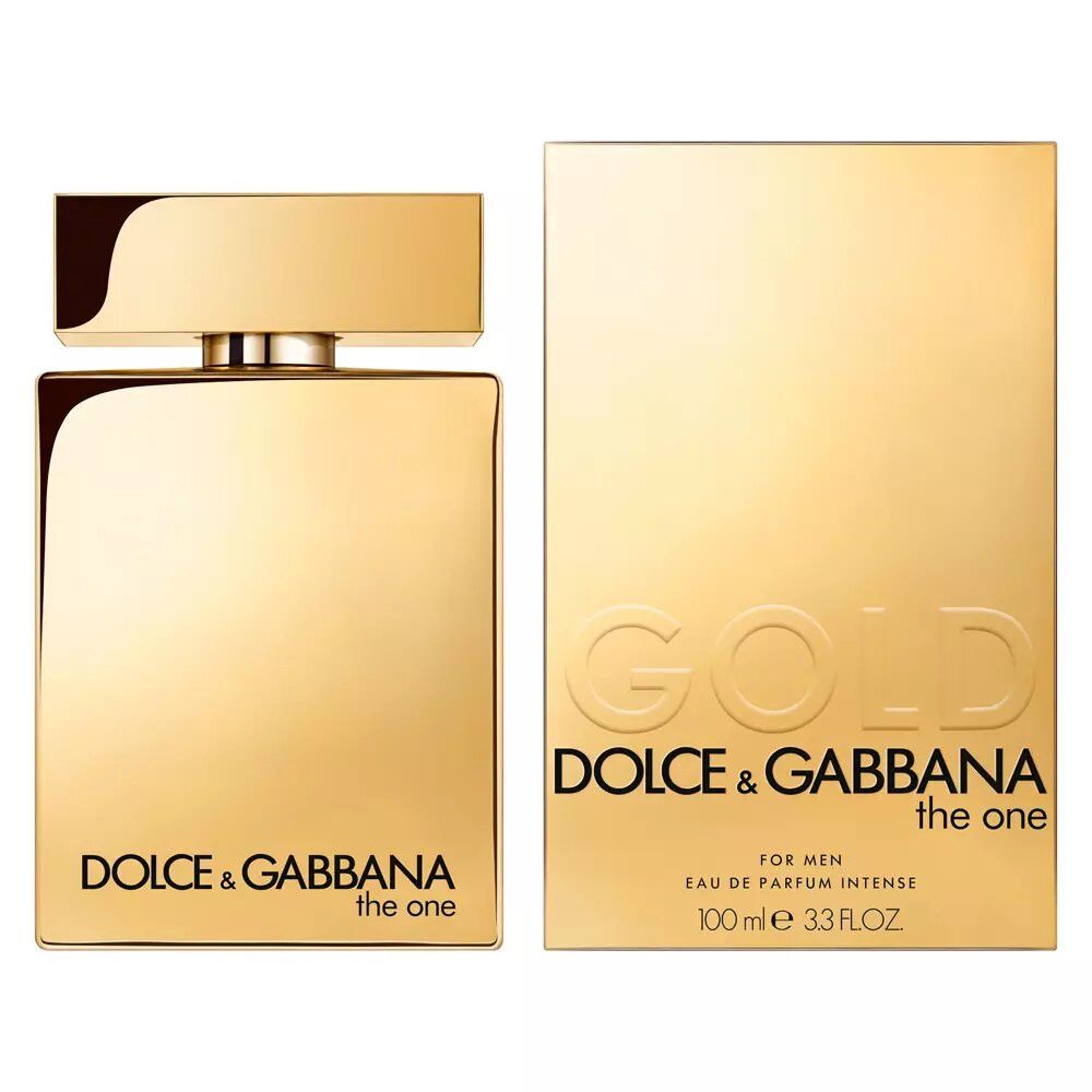 Goldfarbener Flakon und rechteckige Verpackung Dolce & Gabbana The One. Auf der Verpackung steht 'Gold'.